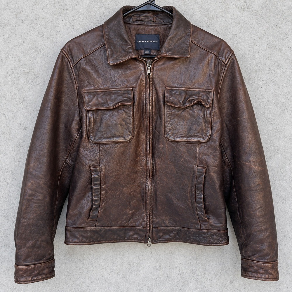 Banana Republic Leather Field Jacket Size Medium Brown Vintage Distressed Zip Up